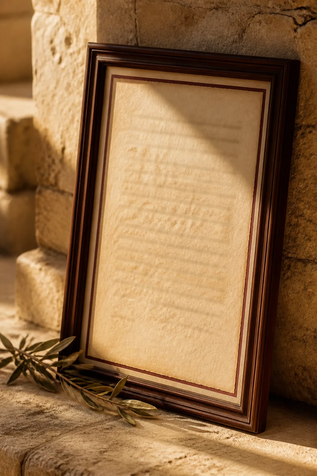 A finished framed parchment keepsake leaning on Jerusalem stone in golden light