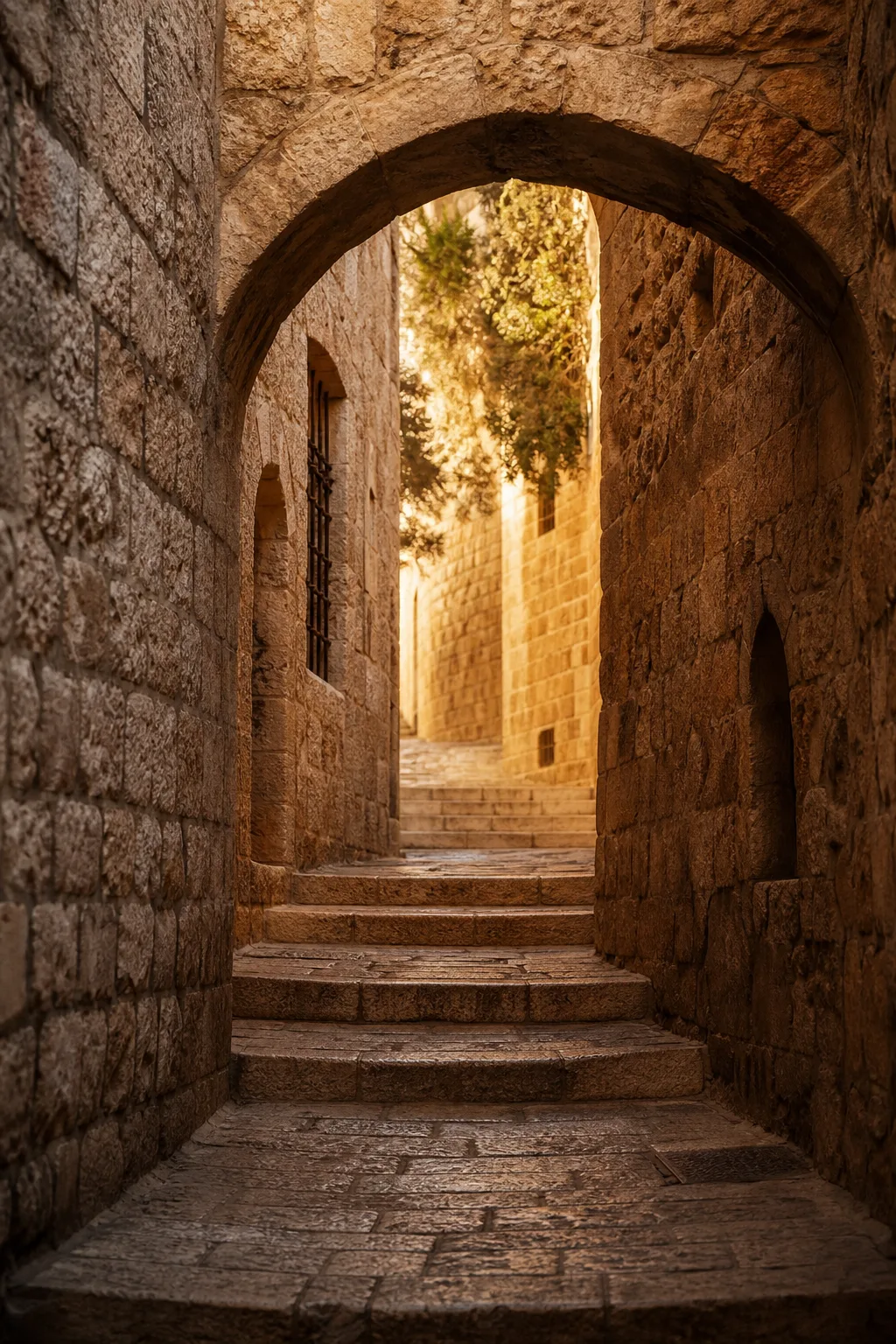 A sunlit stone alleyway in the Old City of Jerusalem