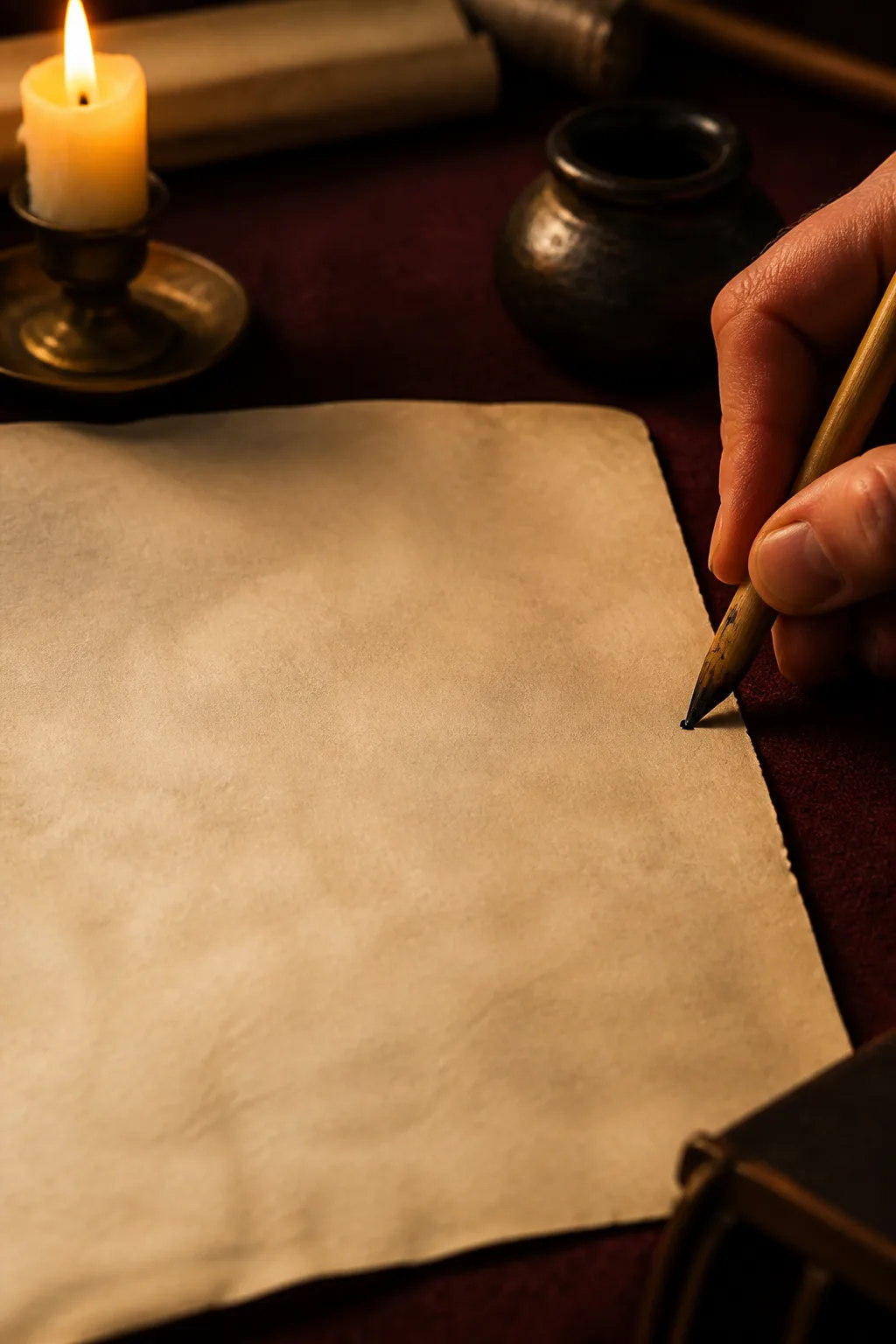 A scribe beginning to write on fresh parchment with a reed pen by candlelight