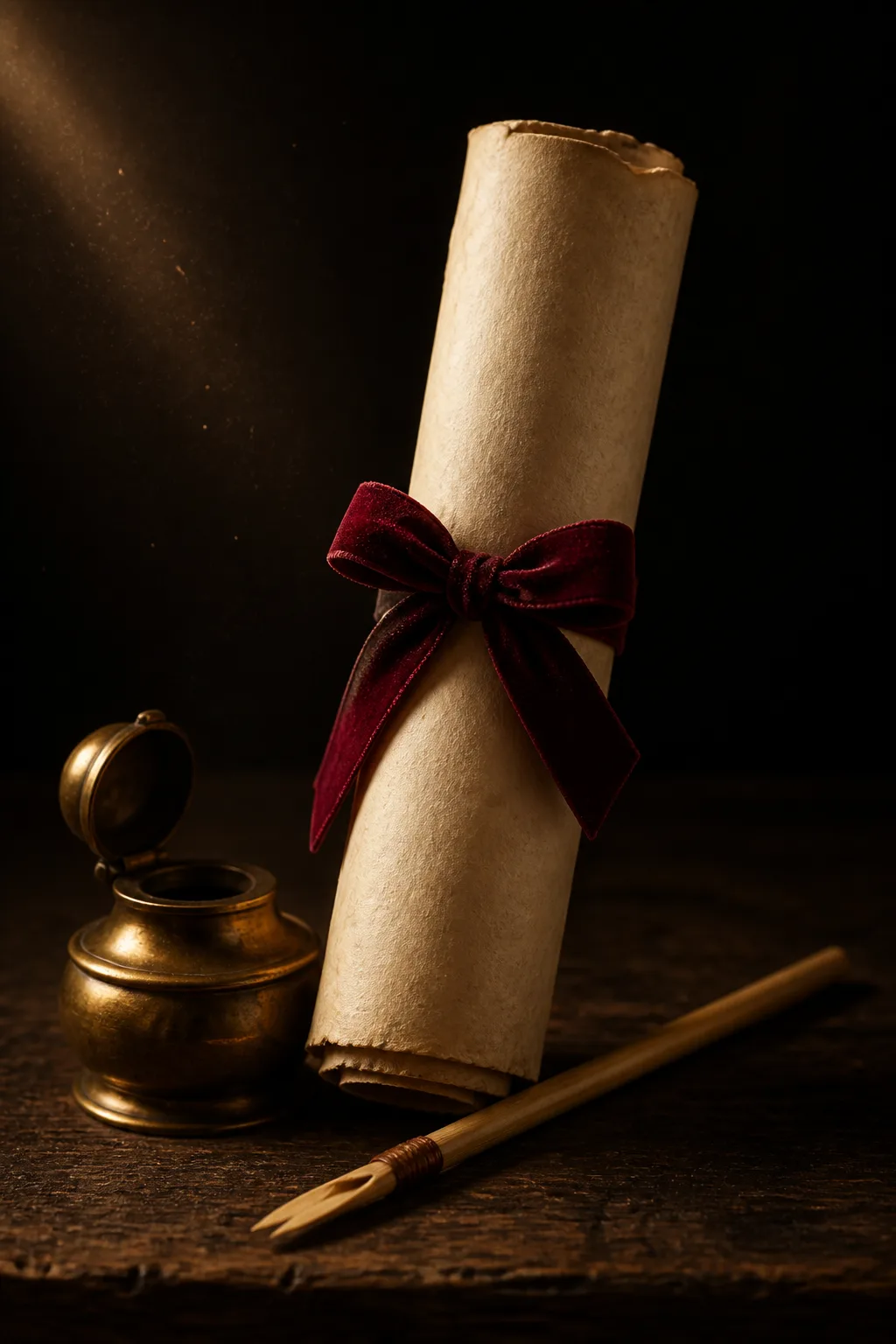 A ribboned parchment scroll, a reed pen and a brass inkwell in warm light