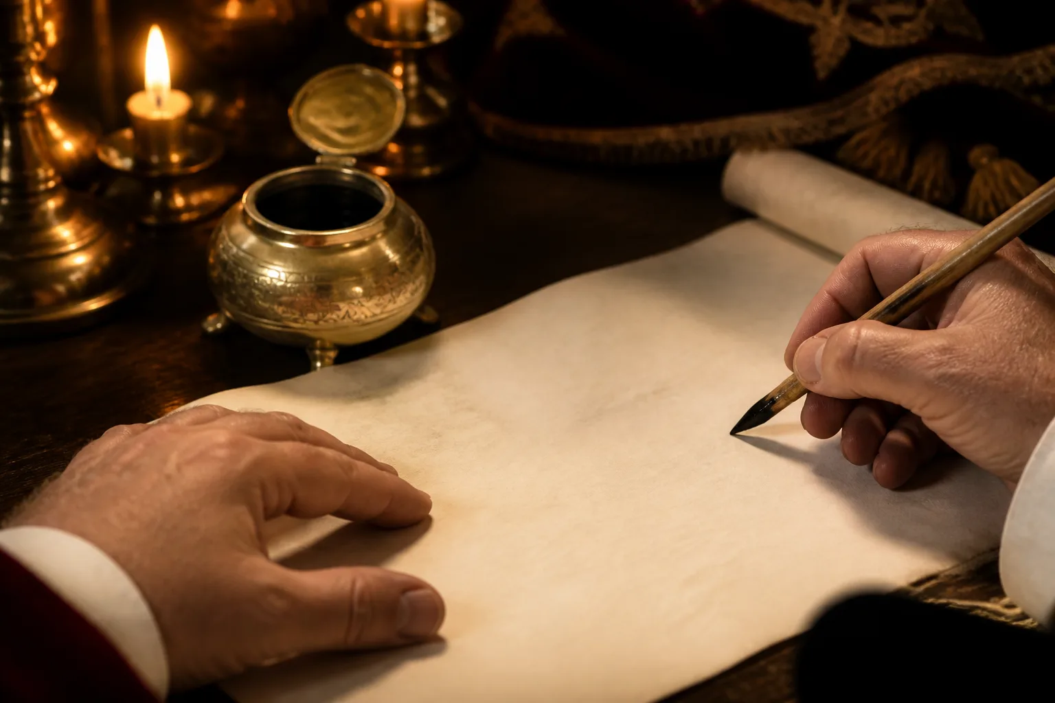 A scribe's hands preparing to write on parchment with a reed pen by candlelight